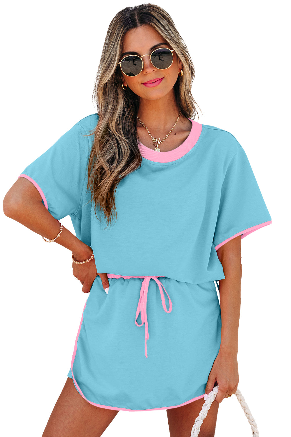 Evergreen Colorblock Edge Drop Shoulder T Shirt and Skirt 2Pcs Set