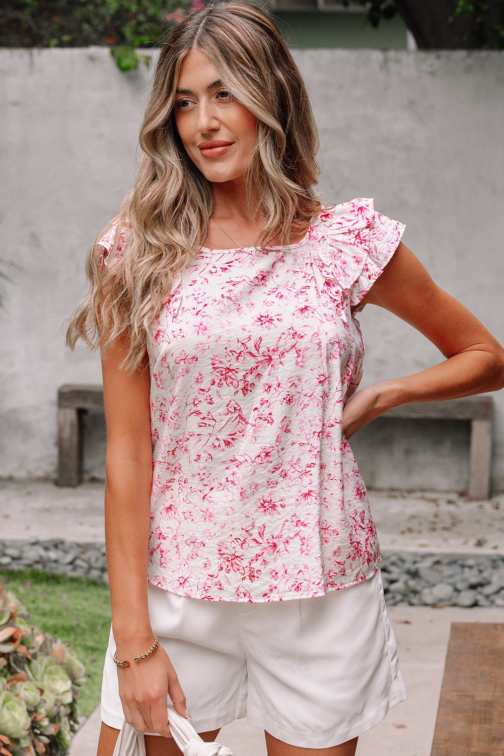 Pink Floral Ruffled Short Sleeve Bow Back Square Neck Blouse