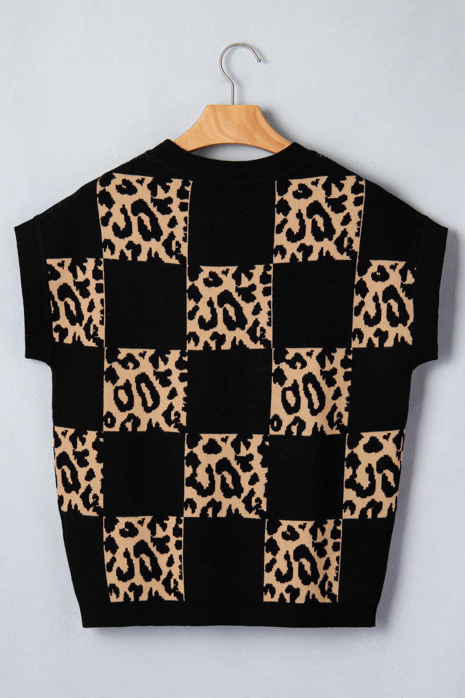 Rose Red Leopard Checkerboard Short Sleeve Knit Sweater
