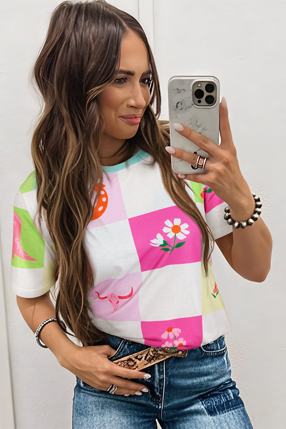 Sky Blue Western Fashion Checker Print Crewneck T Shirt