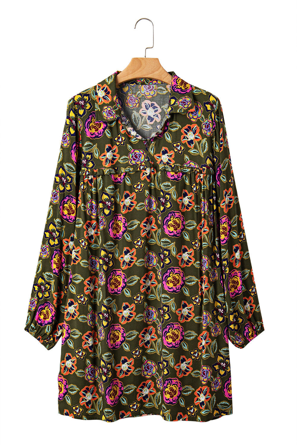 Green Floral Print Split Neck Bubble Sleeve Shift Mini Dress