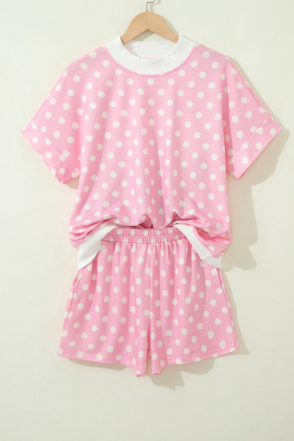 Sky Blue Polka Dot Print Color Block Trim Mock Neck Short Set