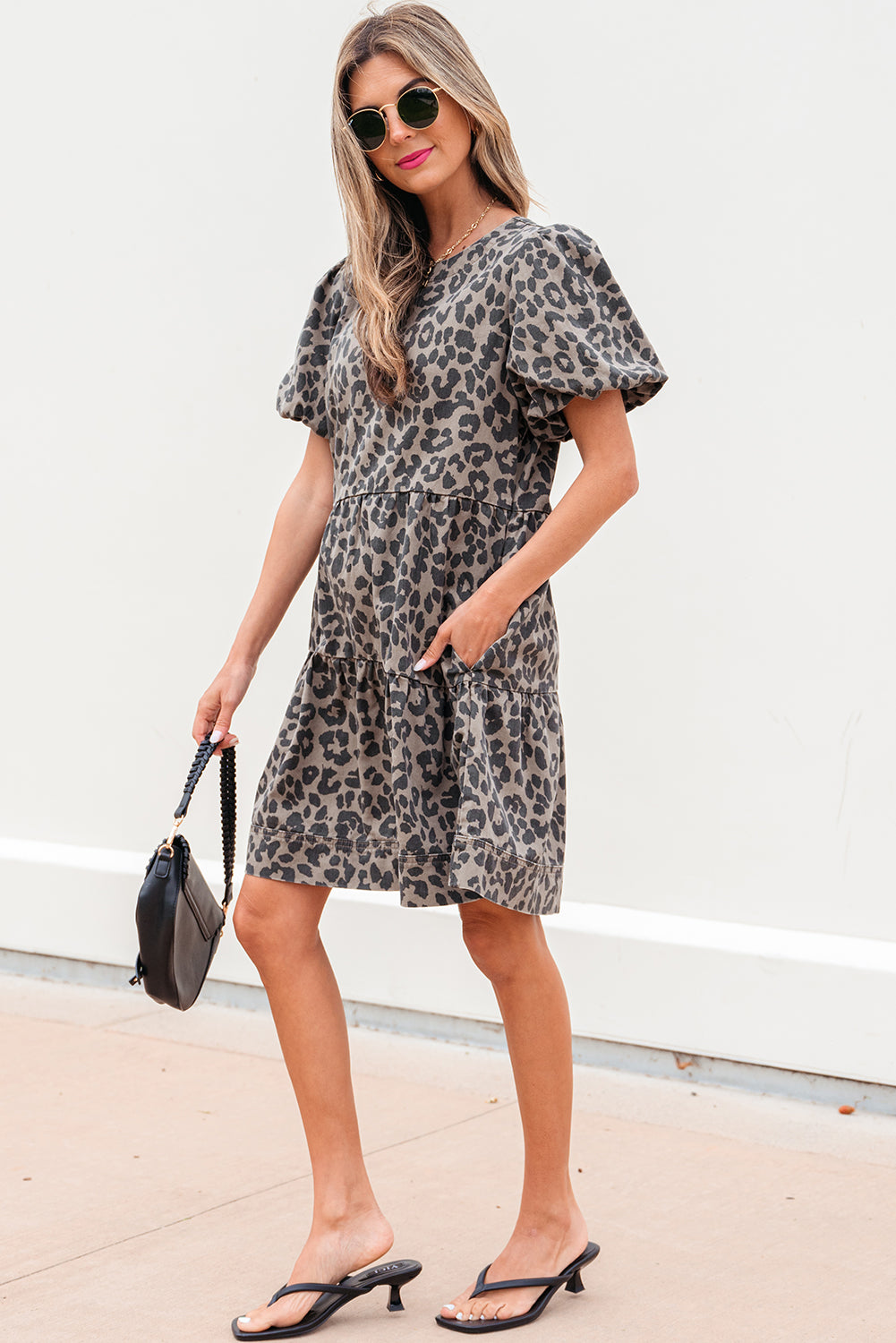 Brown Denim Leopard Printed Short Puff Sleeve Mini Dress