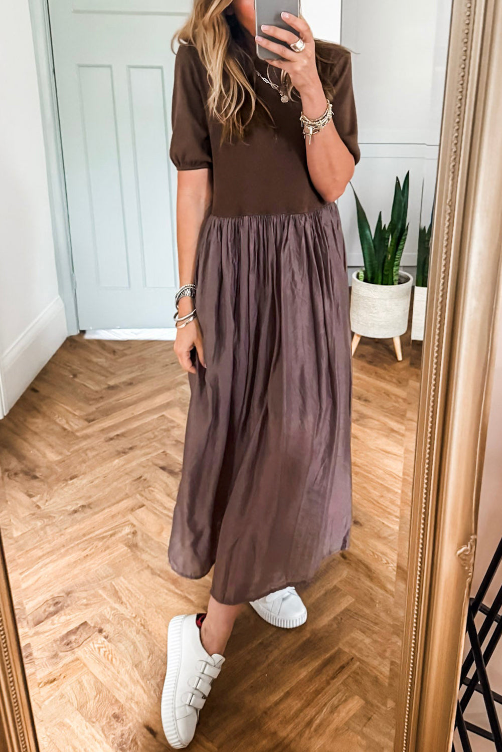 Coffee Short Sleeve Knit Top Patchwork Pleated Long Dress