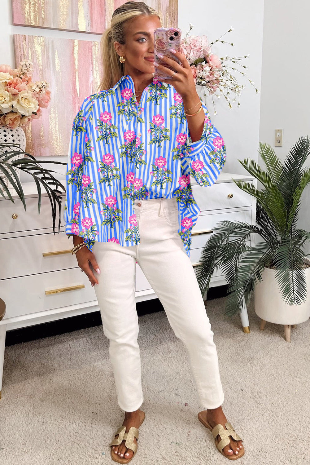 Blue Striped Floral Print Buttoned Cuffs Loose Fit Shirt