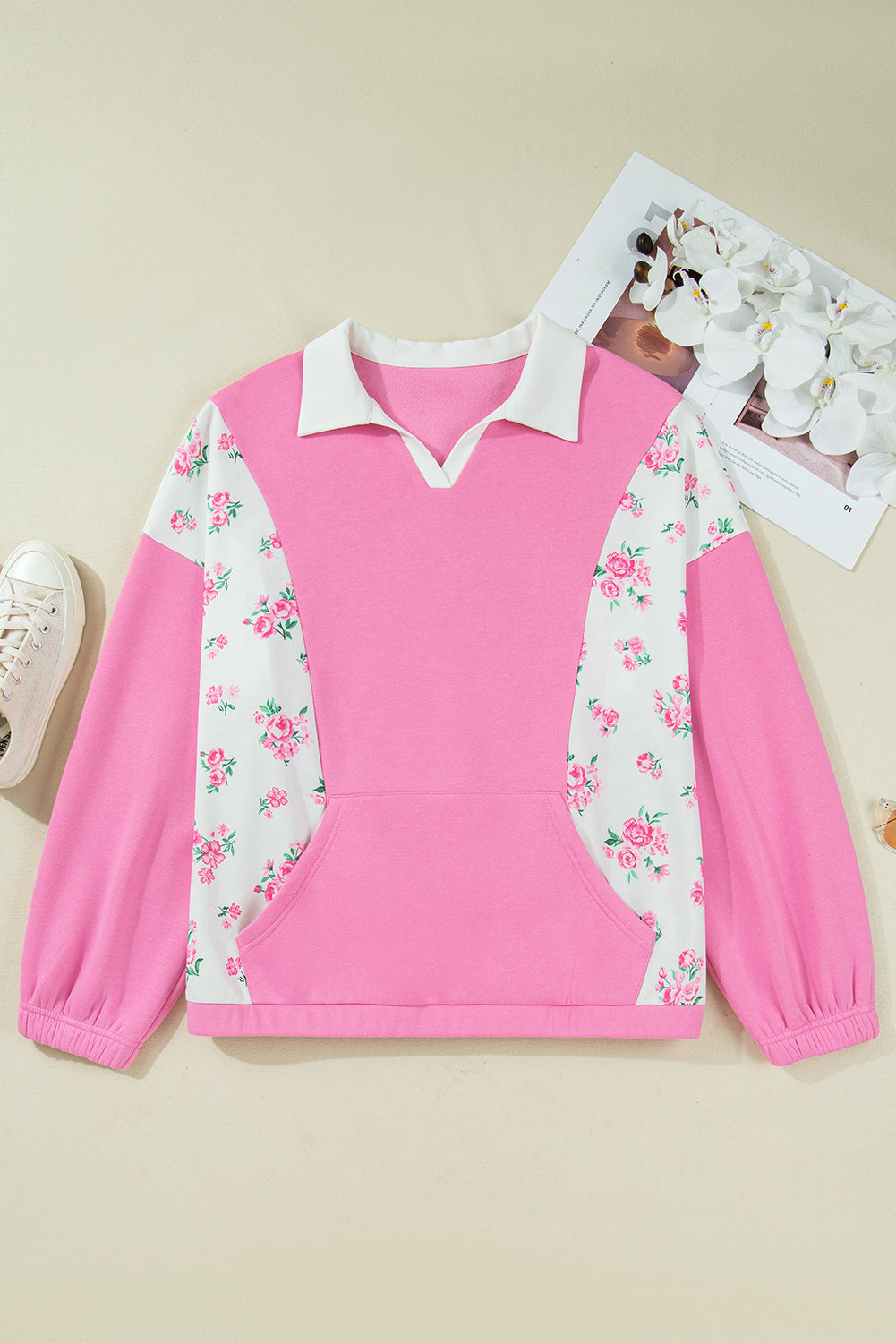 Pink Plus Size Contrast Polo Collar Floral Patchwork Elastic Cuffs Long Sleeve Top