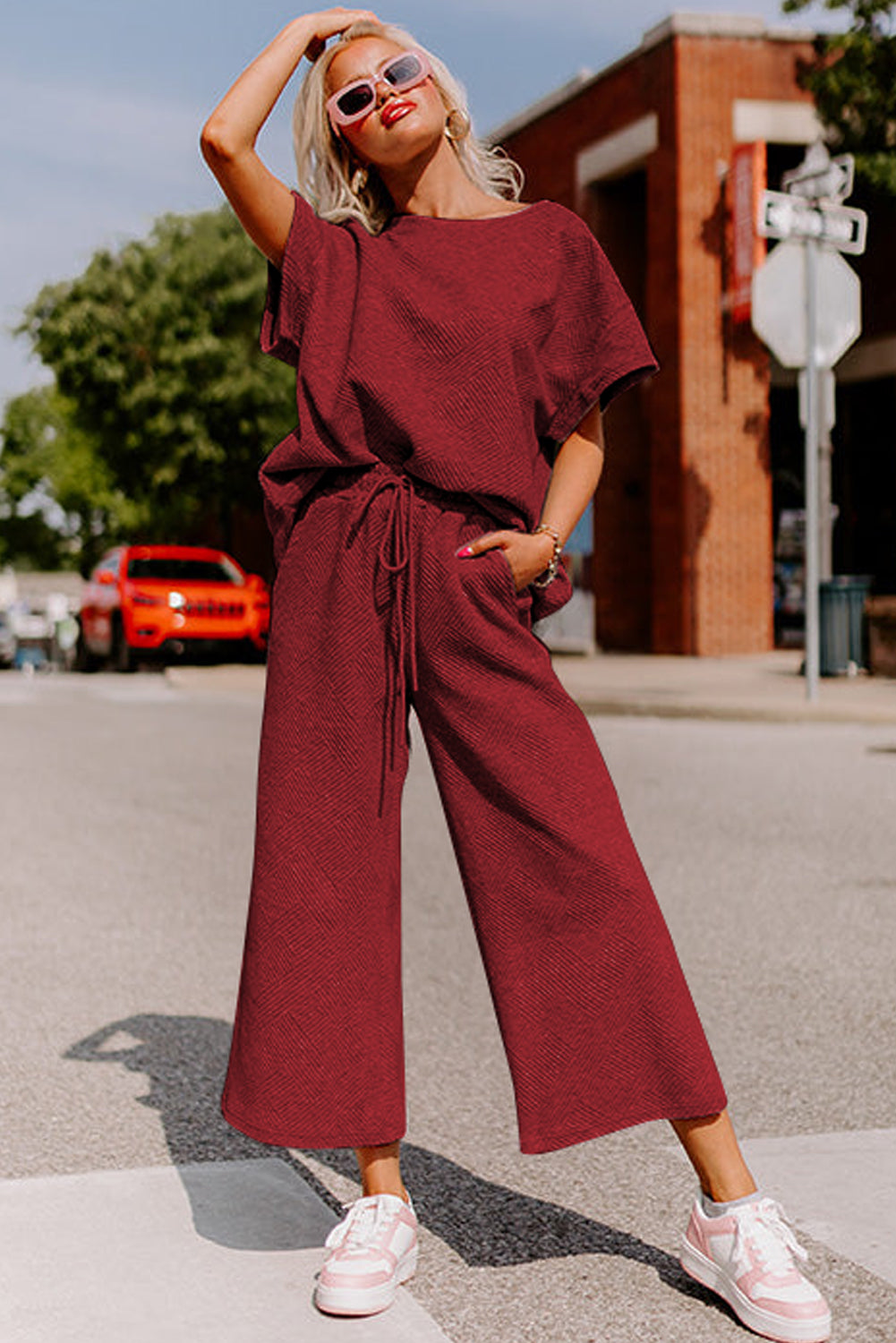 Strawberry Pink Textured Loose Fit T Shirt and Drawstring Pants Set