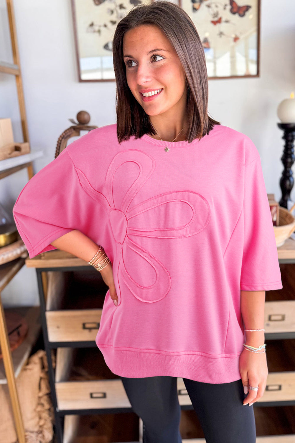 Beau Blue Floral Patched Half Sleeve Tunic Top