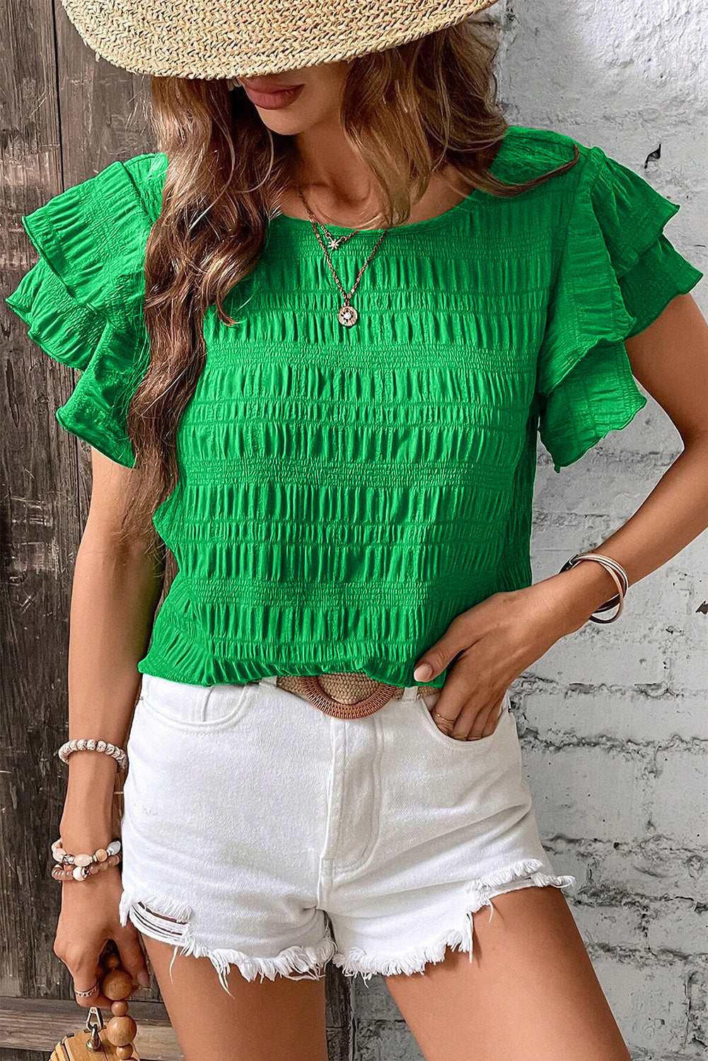 Dark Blue Textured Ruffled Sleeve Round Neck Top