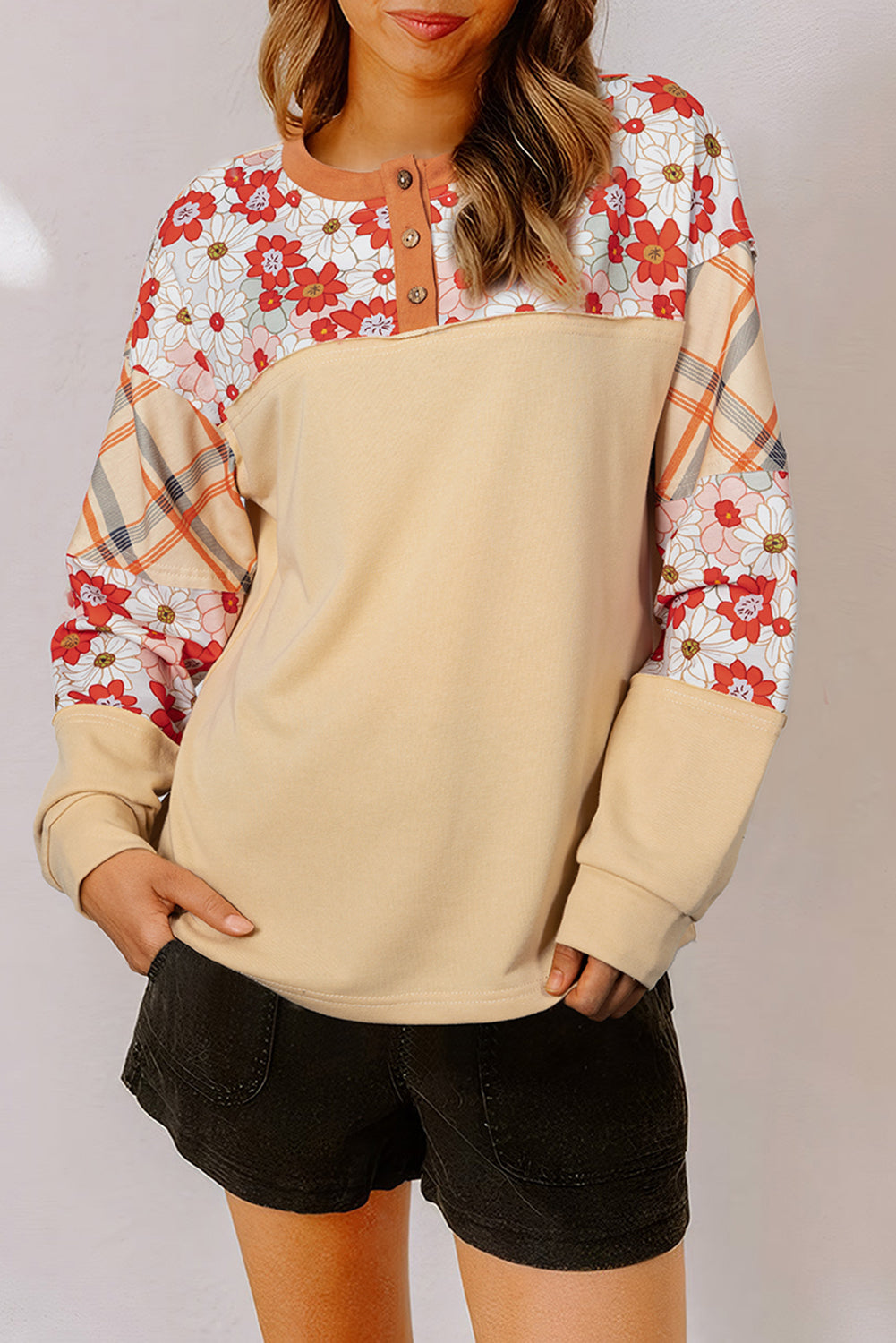 Parchment Floral Plaid Patchwork Casual Top