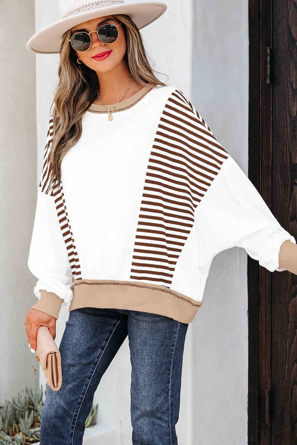 Green Stripe Colorblock Patchwork Contrast Stitching Oversize Sweatshirt