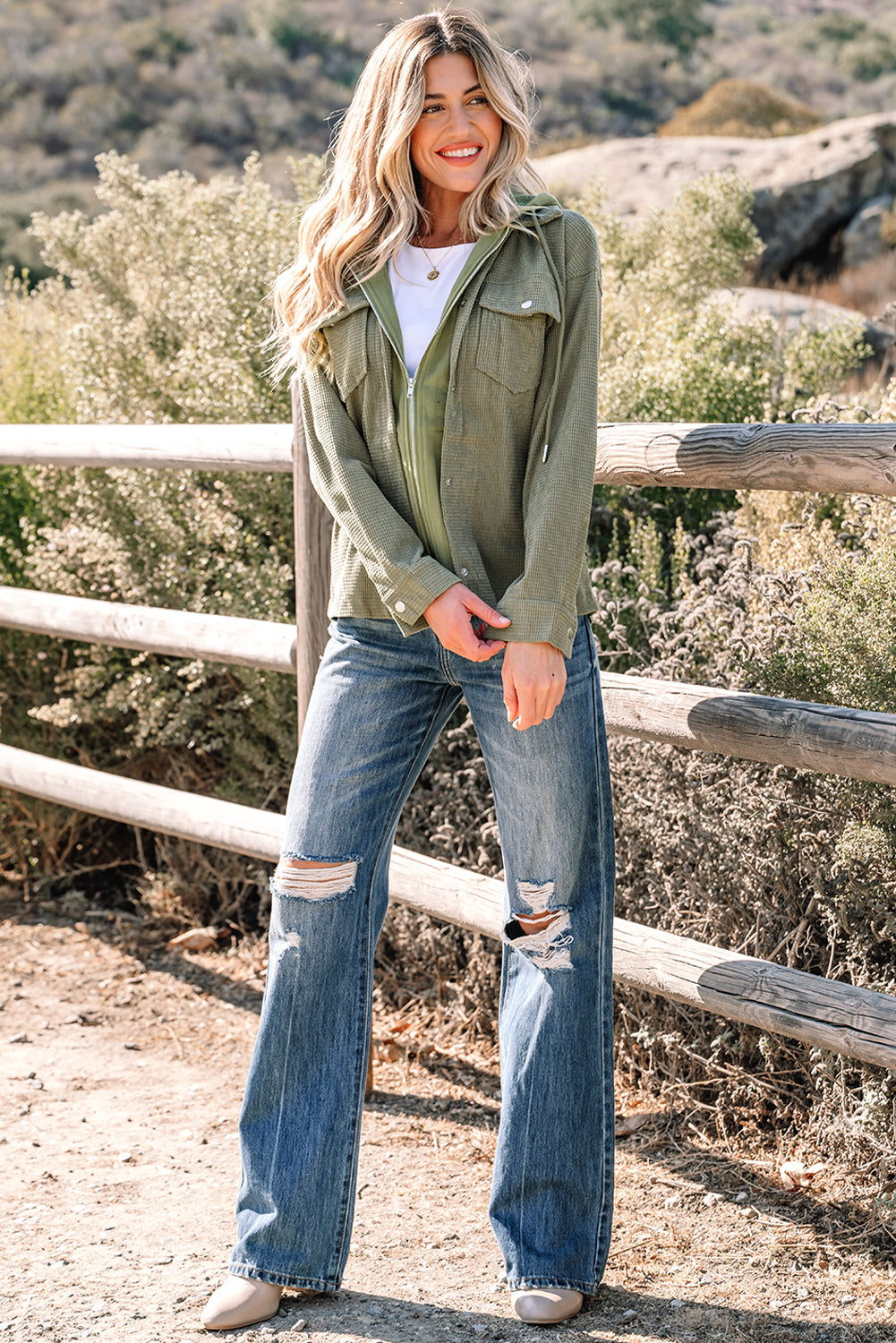 Laurel Green 2 in 1 Thermal Knit Textured Hooded Jacket