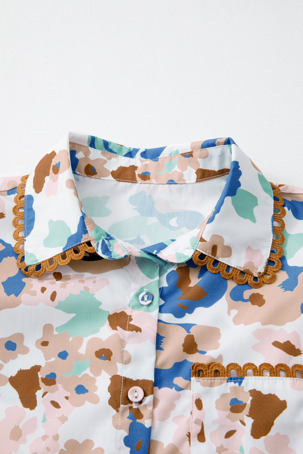 Multicolour Floral Print Ricrac Trim Collared Puff Short Sleeve Shirt