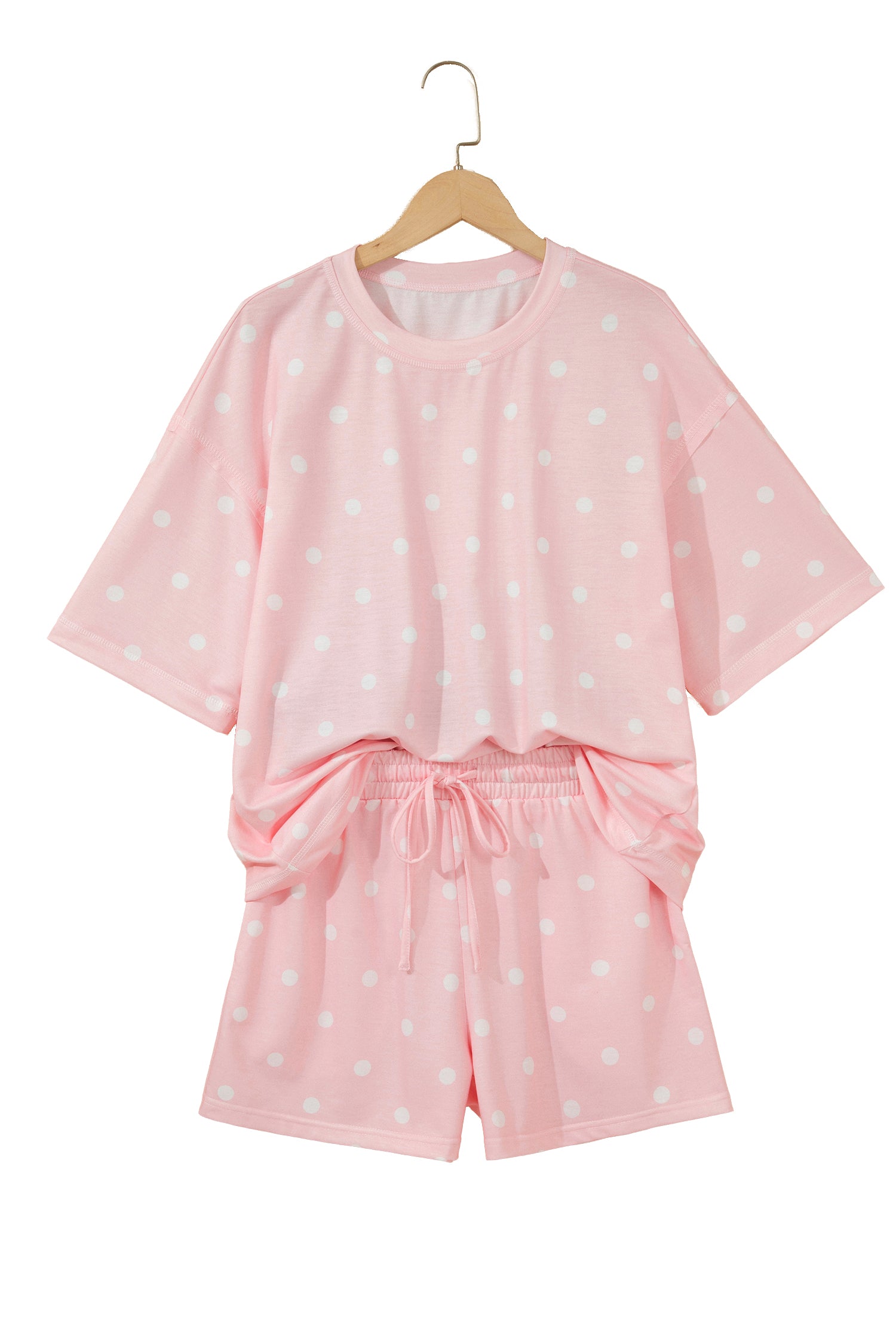 Pink Exposed Seam Detail Polka Dot Loose Tee Drawstring Shorts Set