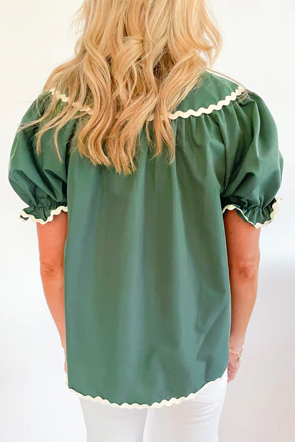 Mist Green Ric Rac Trim Tie Split Neck Short Sleeve Blouse