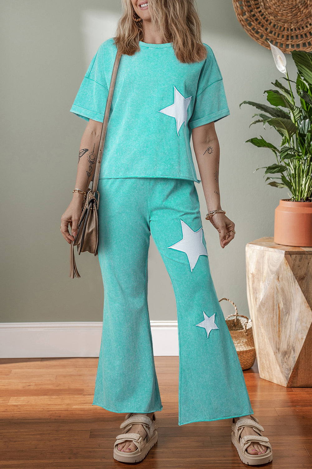 Light Pink Acid Wash Star Patched Rolled Trim Pants Set