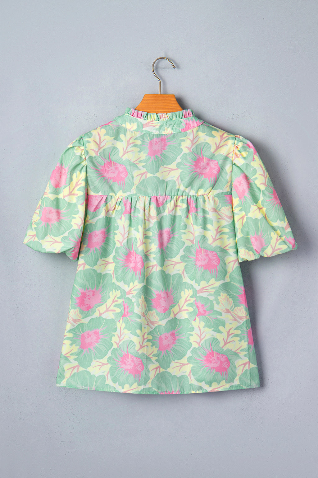 Yellow Short Bubble Sleeve Summer Floral Blouse