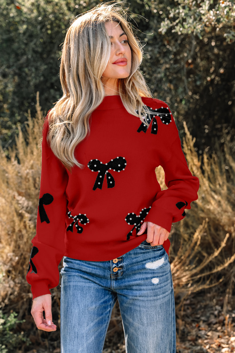 Racing Red Pearl Embellished Bow Pattern Loose Sweater