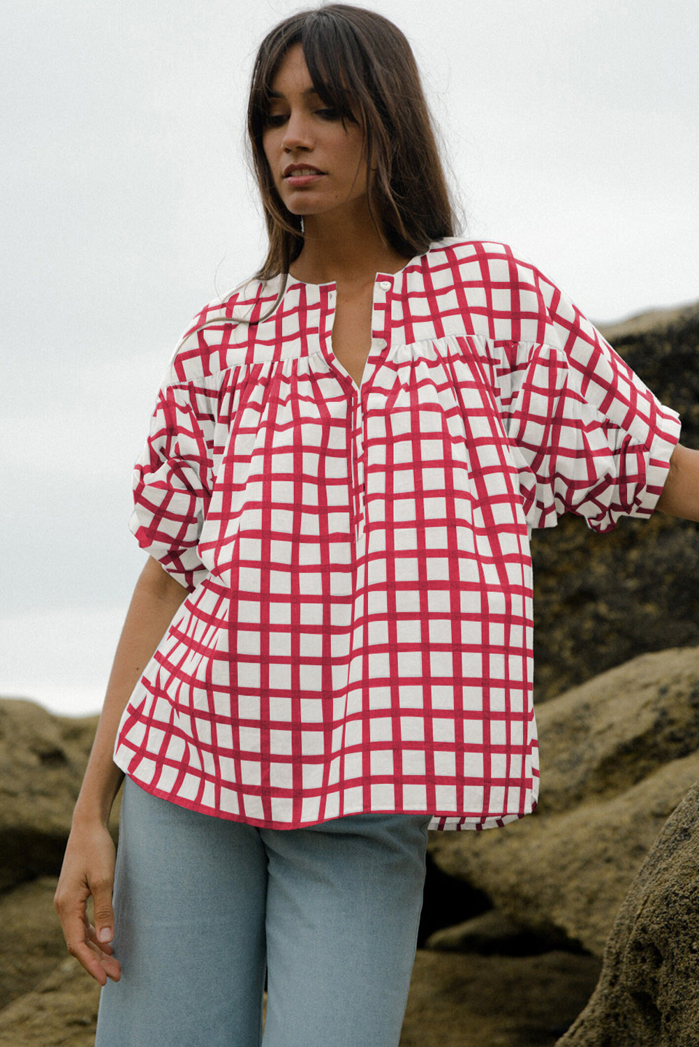 Red Stripe Plaid Button Placket Split Neck Half Sleeve Blouse