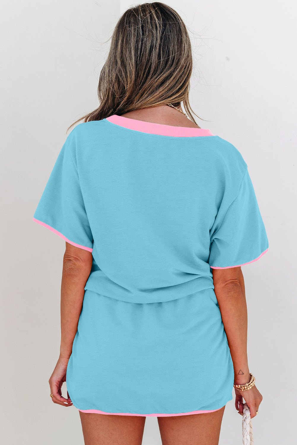Evergreen Colorblock Edge Drop Shoulder T Shirt and Skirt 2Pcs Set