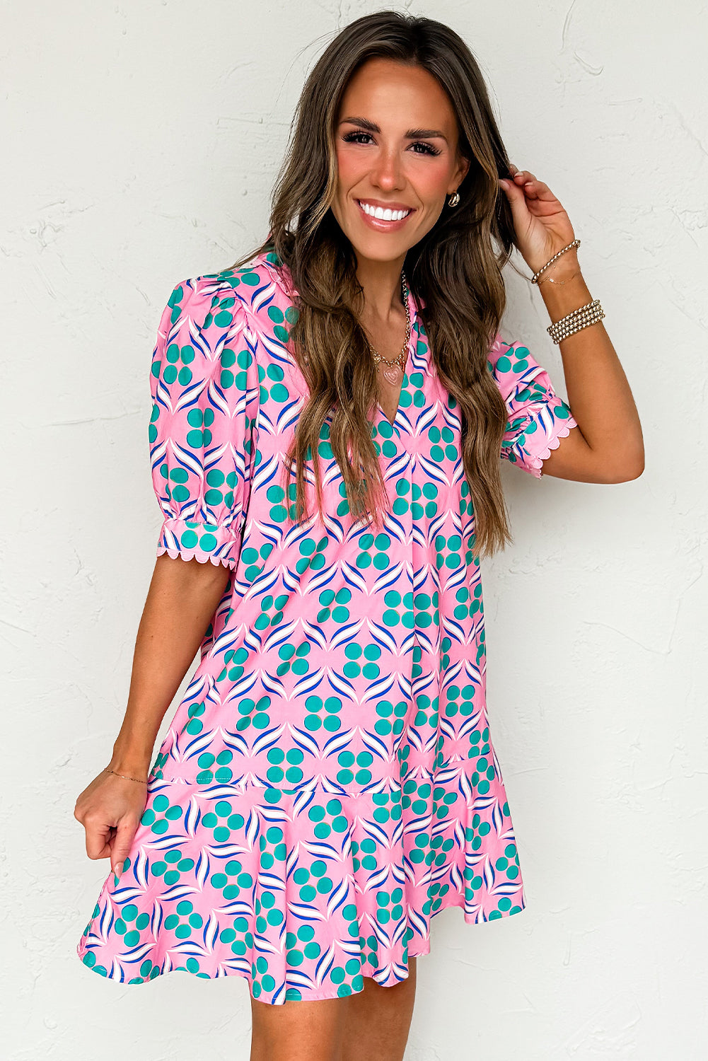 Pink Geometric Floral Print V Neck Ricrac Trim Short Sleeve Mini Dress