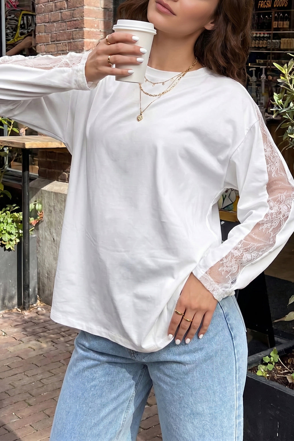 White Lace Patchwork Round Neck Casual Long Sleeve Top