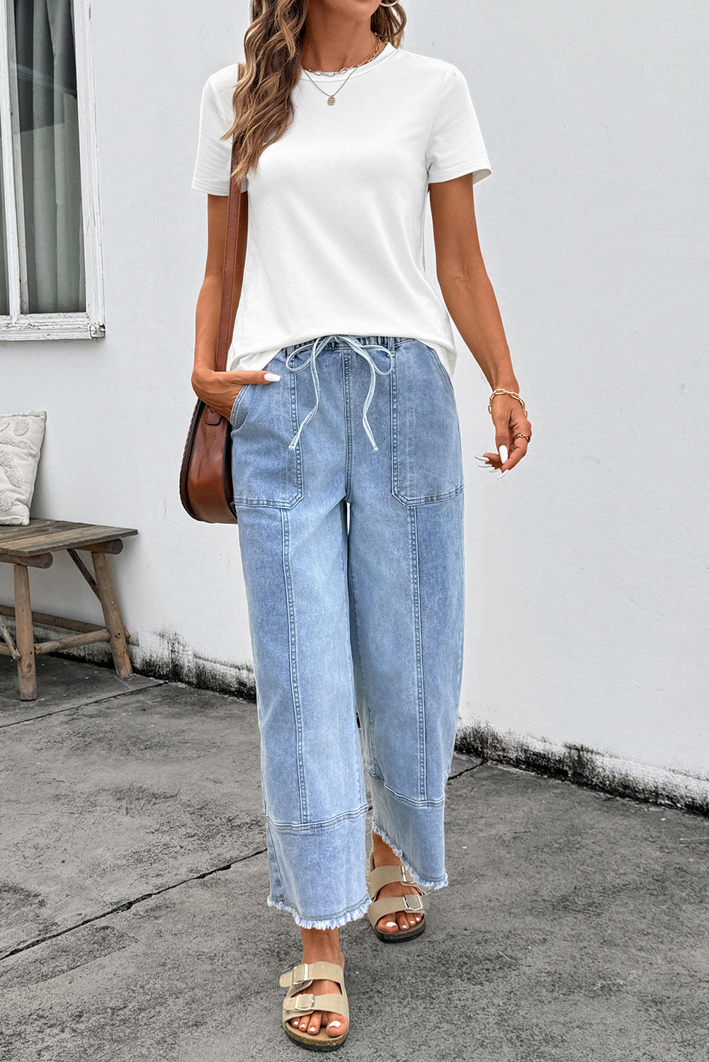 Gray Drawstring Seam Detail Raw Hem Wide Leg Denim Pants