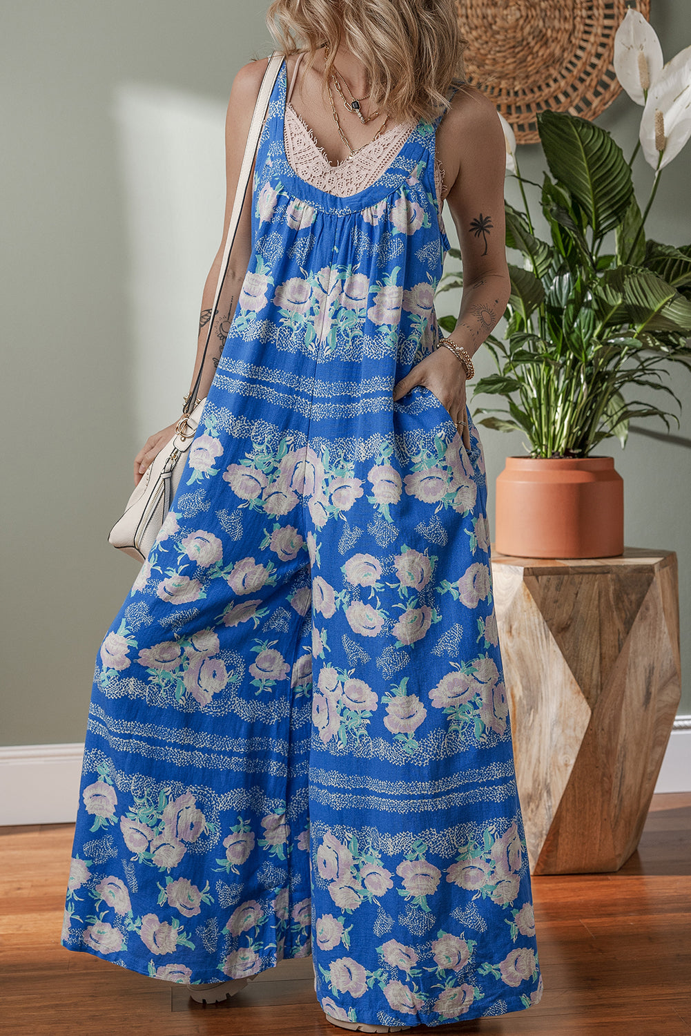 Blue Floral Print Wide Leg Sleeveless Jumpsuit