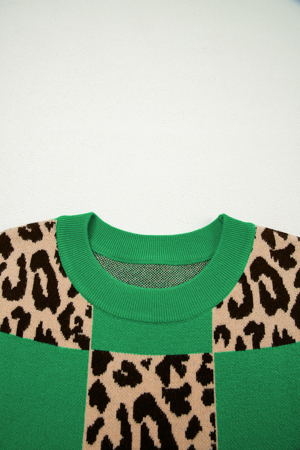 Rose Red Leopard Checkerboard Short Sleeve Knit Sweater
