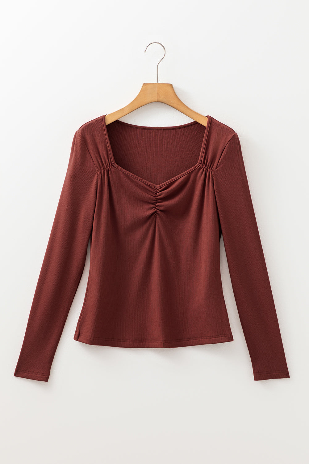 Burgundy Gathered Bust Square Neck Ribbed Fit Long Sleeve Top