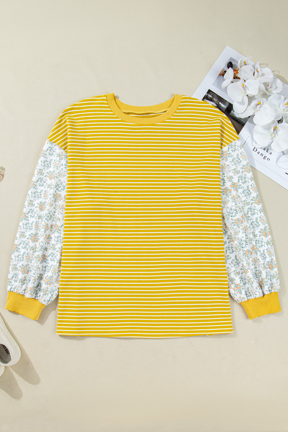 Yellow Stripe Striped Contrast Floral Sleeve Patchwork Plus Size Loose Top