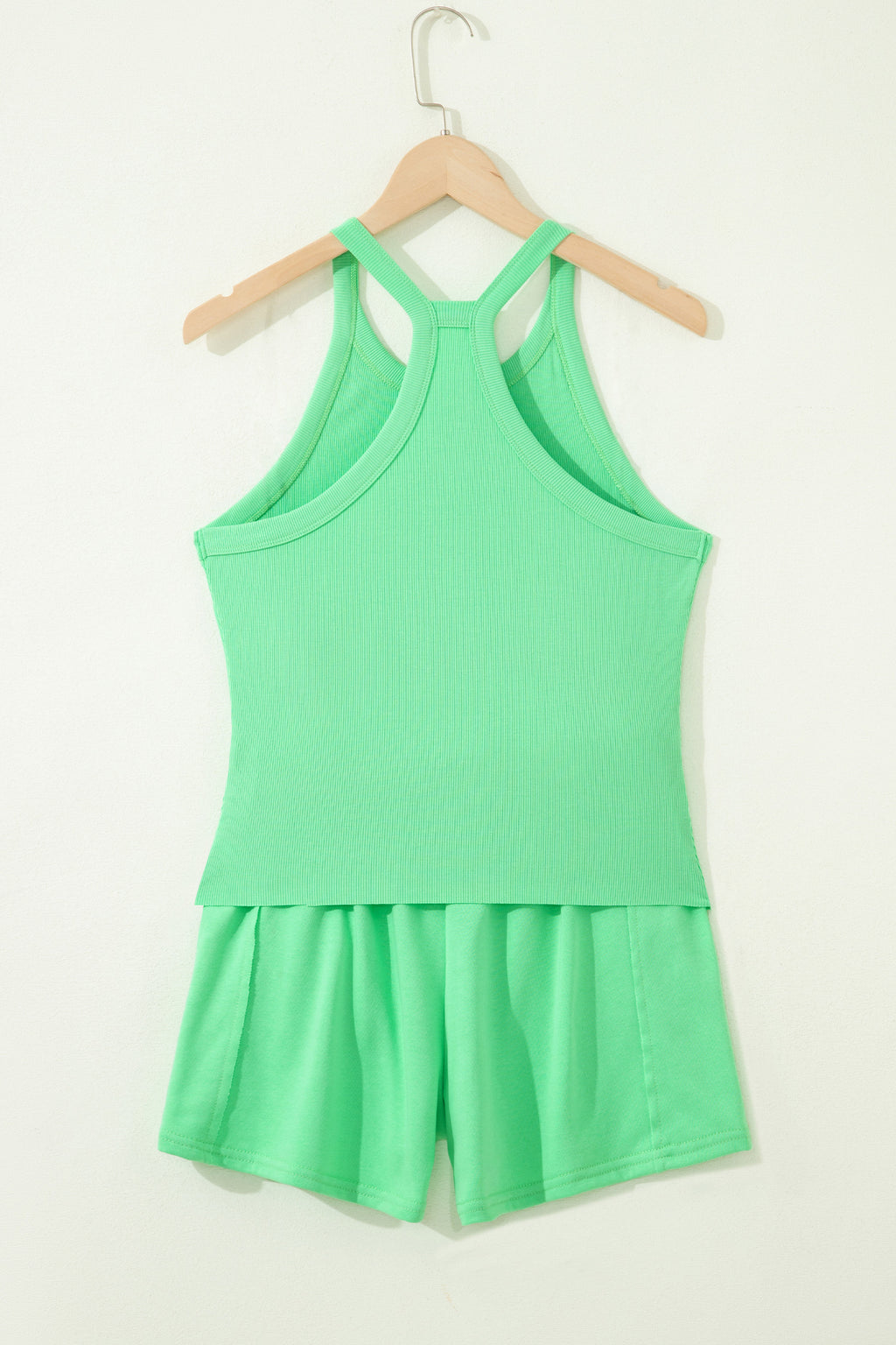 Green Slim Tank Top Elastic High Waist Shorts 2pcs Outfit