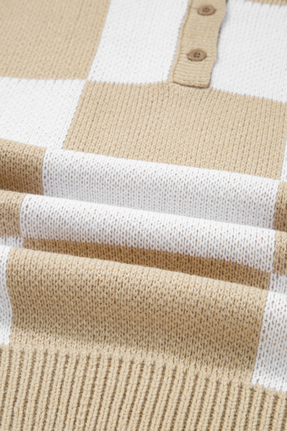 Mist Green Checkered Pattern Polo Collar Loose Sweater