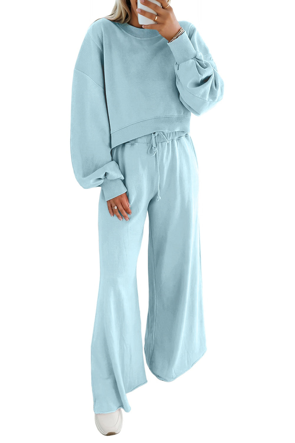 Light Pink Drop Shoulder Puff Sleeve Crop Pullover Drawstring Wide Leg Pants Set