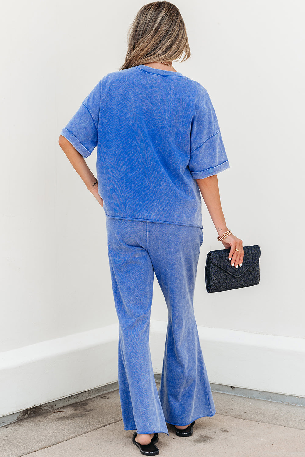 Light Pink Acid Wash Star Patched Rolled Trim Pants Set