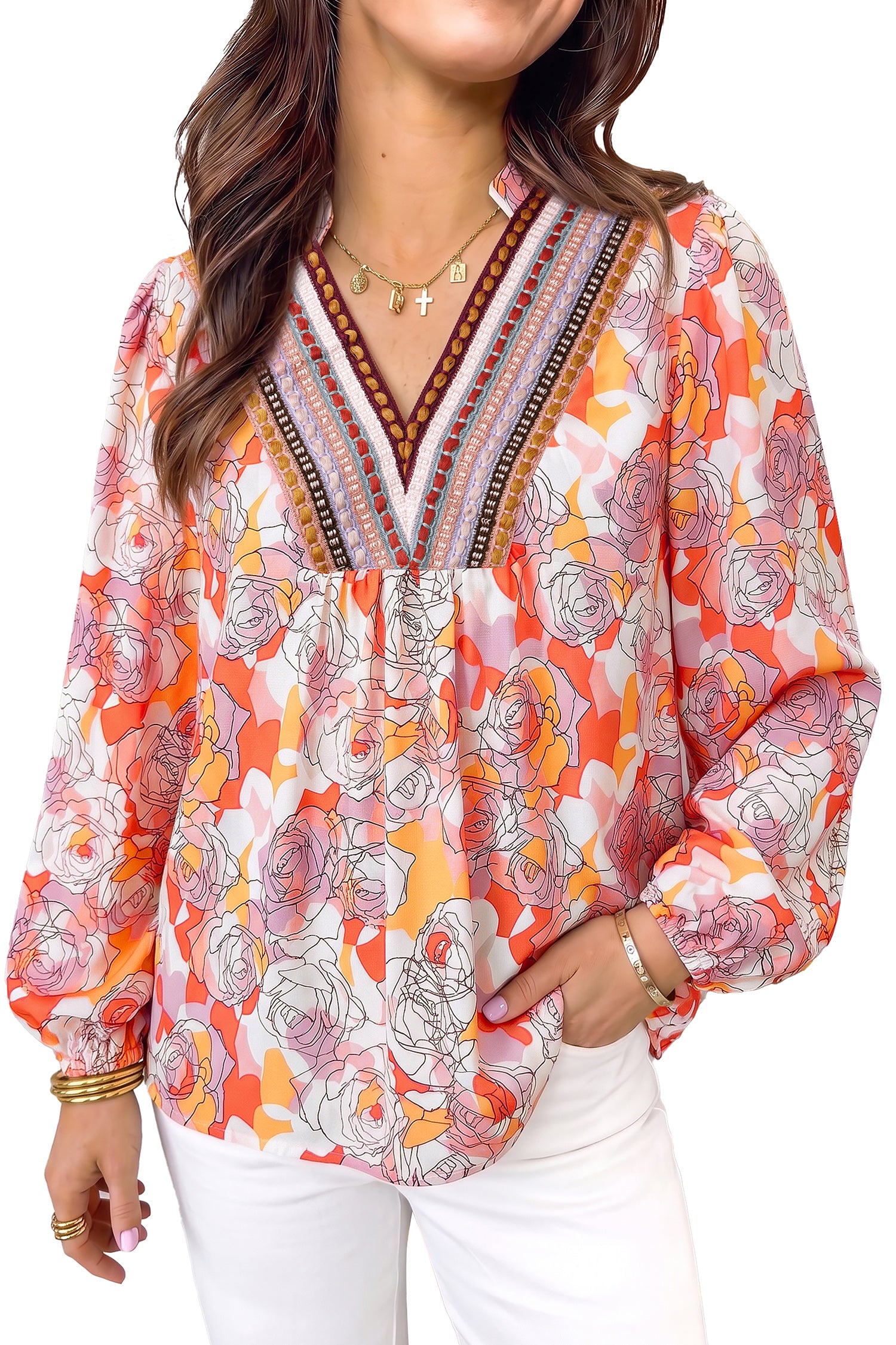Pink Floral Print V Neck Long Sleeve Shift Blouse