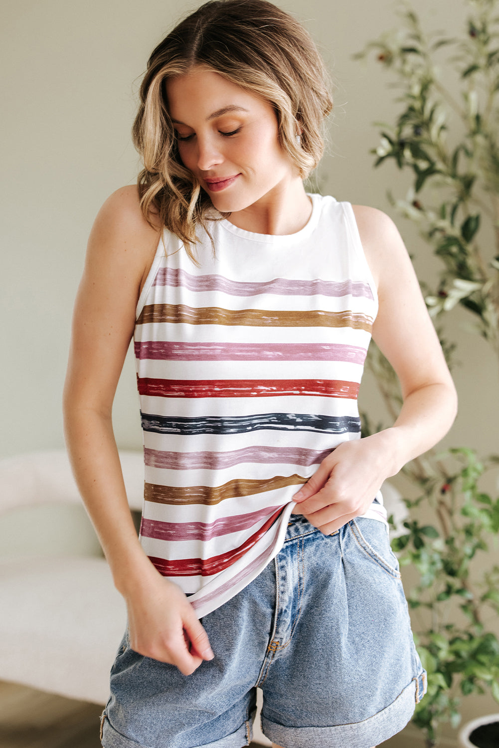 Red Stripe Rainbow Round Neck Tank Top