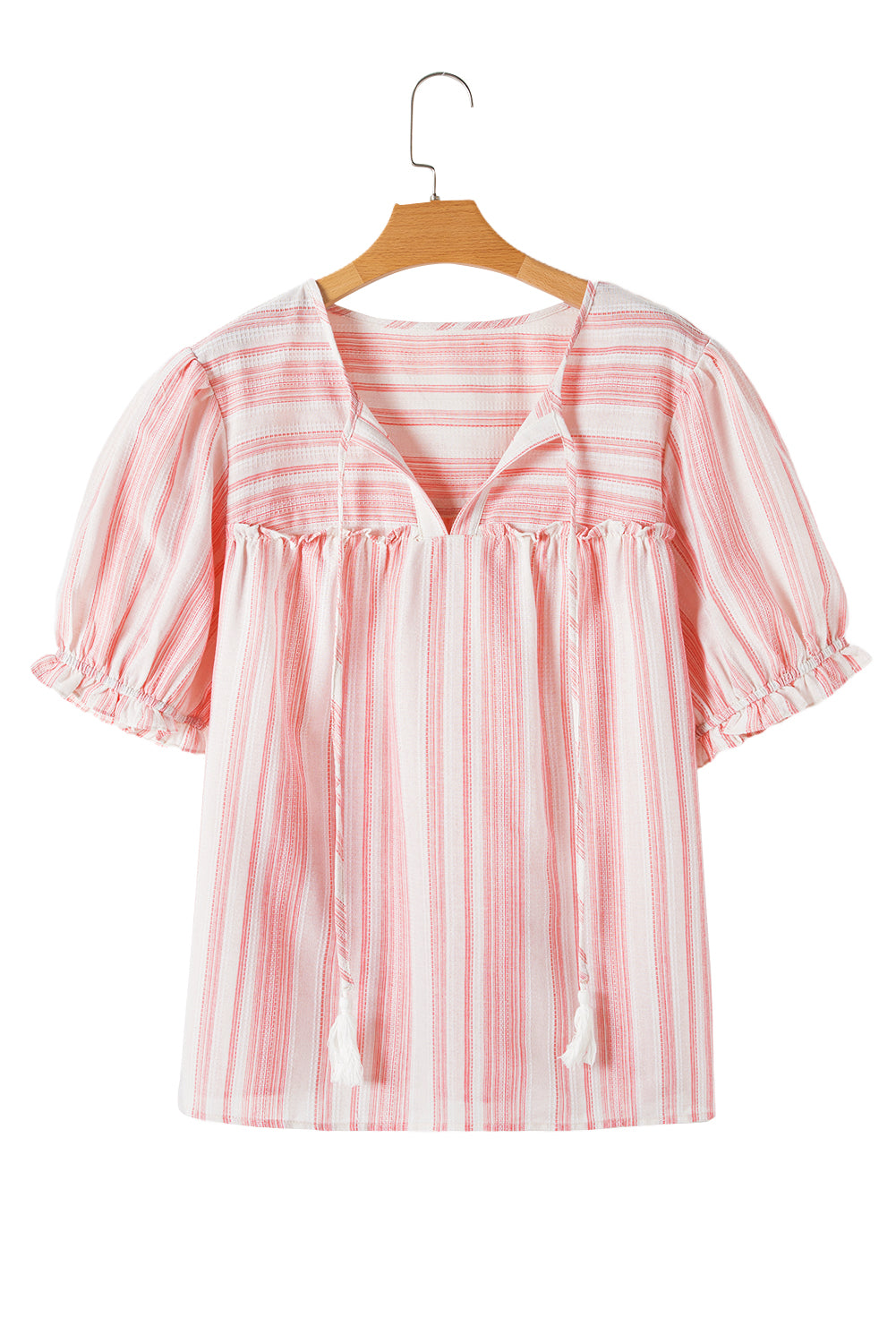 Pink Stripe Plus Size Tassel Tie Frilled Detail Short Sleeve Blouse
