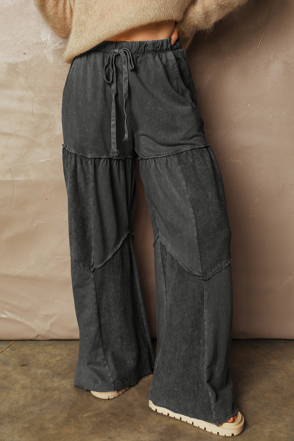 Straw Yellow Mineral Wash Tiered Wide Leg Patchwork Drawstring Pants