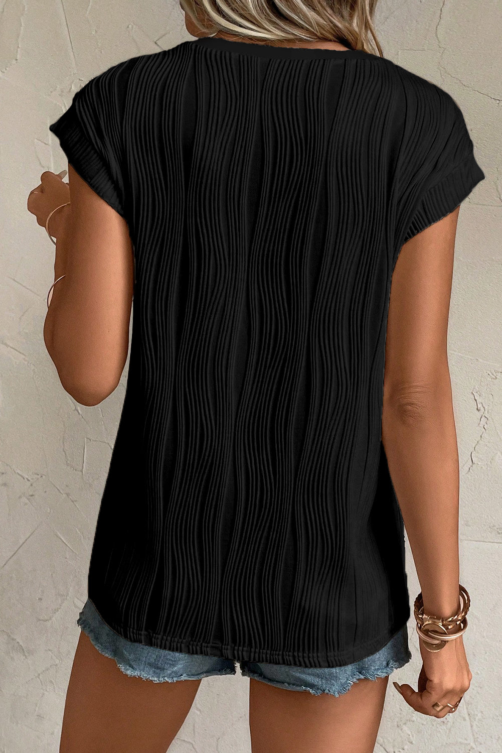 Apricot Wavy Textured Button V Neck Tee