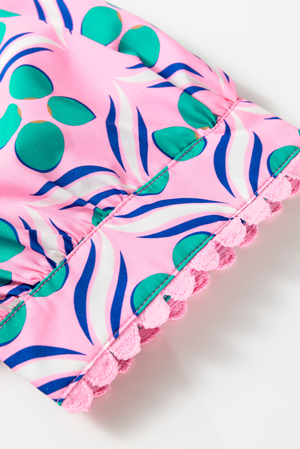 Pink Geometric Floral Print V Neck Ricrac Trim Short Sleeve Mini Dress