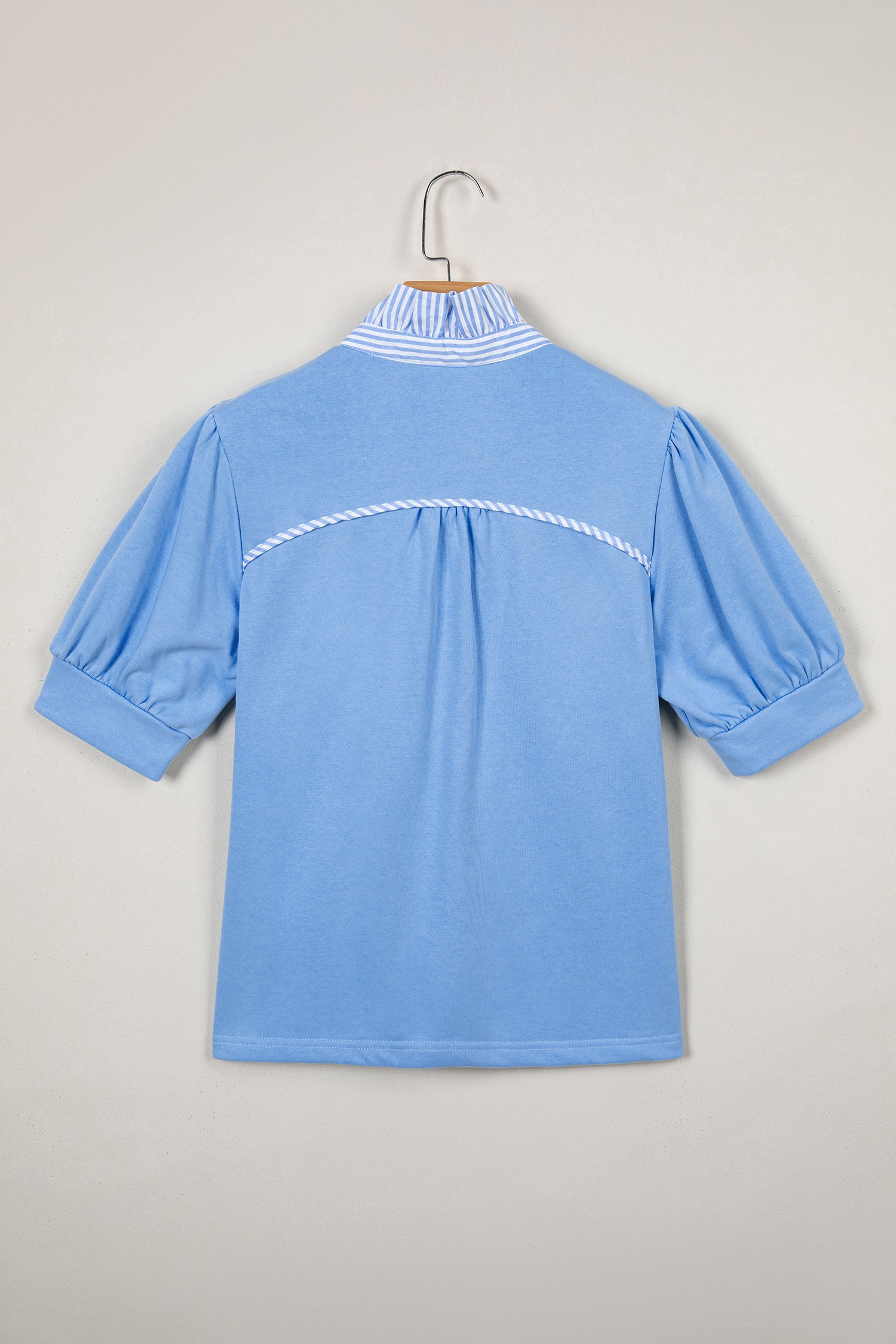 Sky Blue Striped Frilled Collar Short Sleeve Blouse
