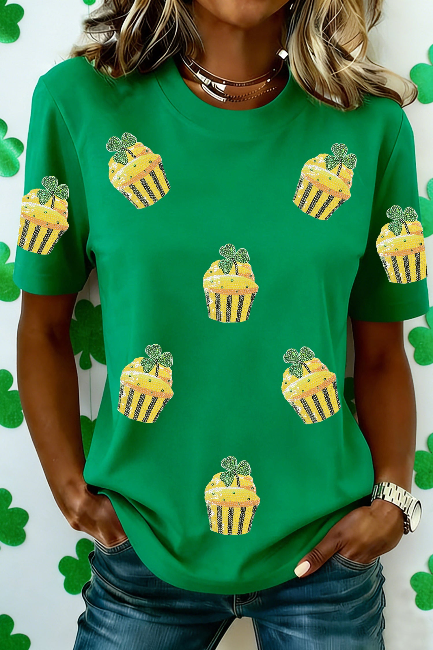 Bright Green St Patricks Day Sequin Cupcake Graphic T Shirt