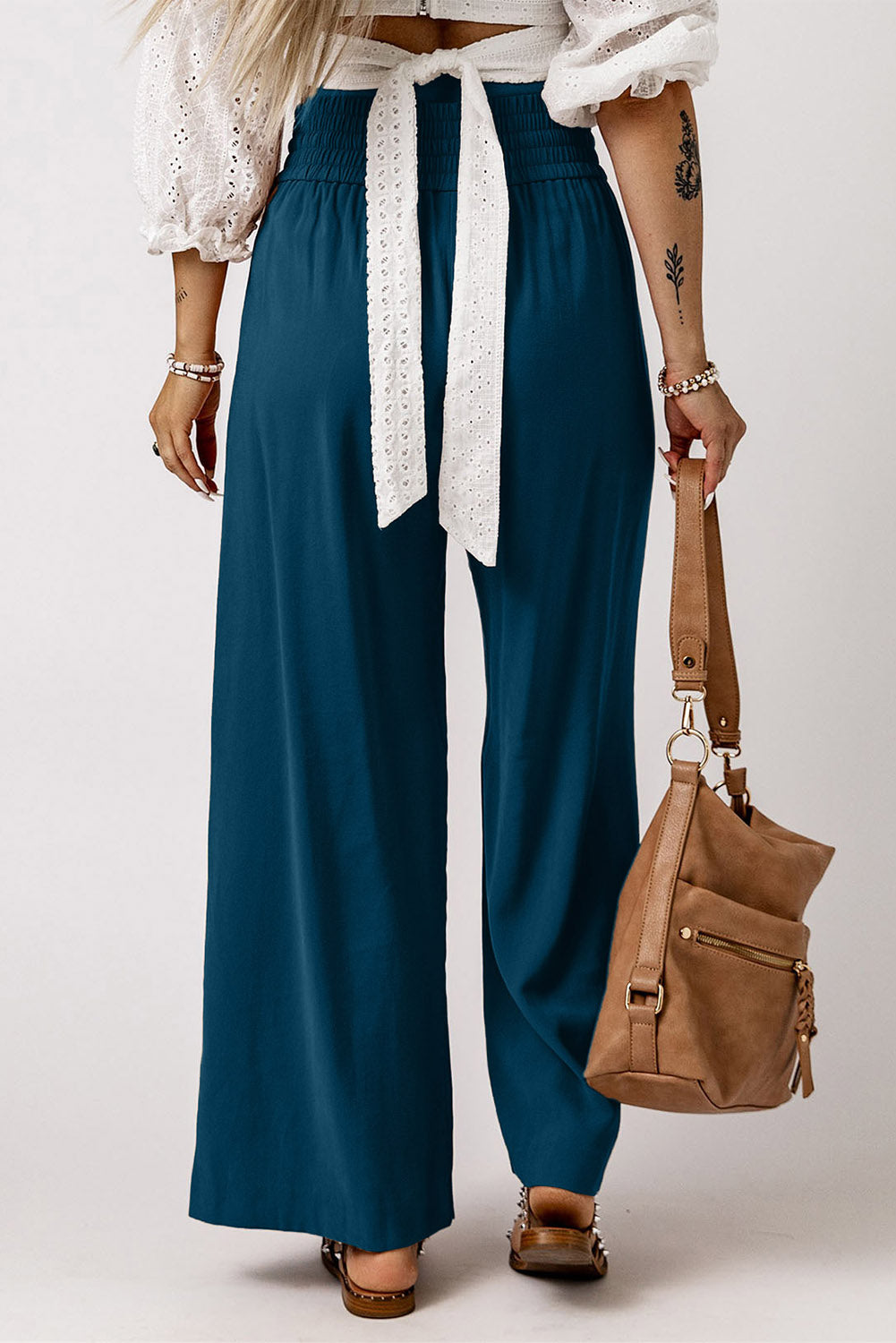 Blue Drawstring Elastic Waist Casual Wide Leg Pants