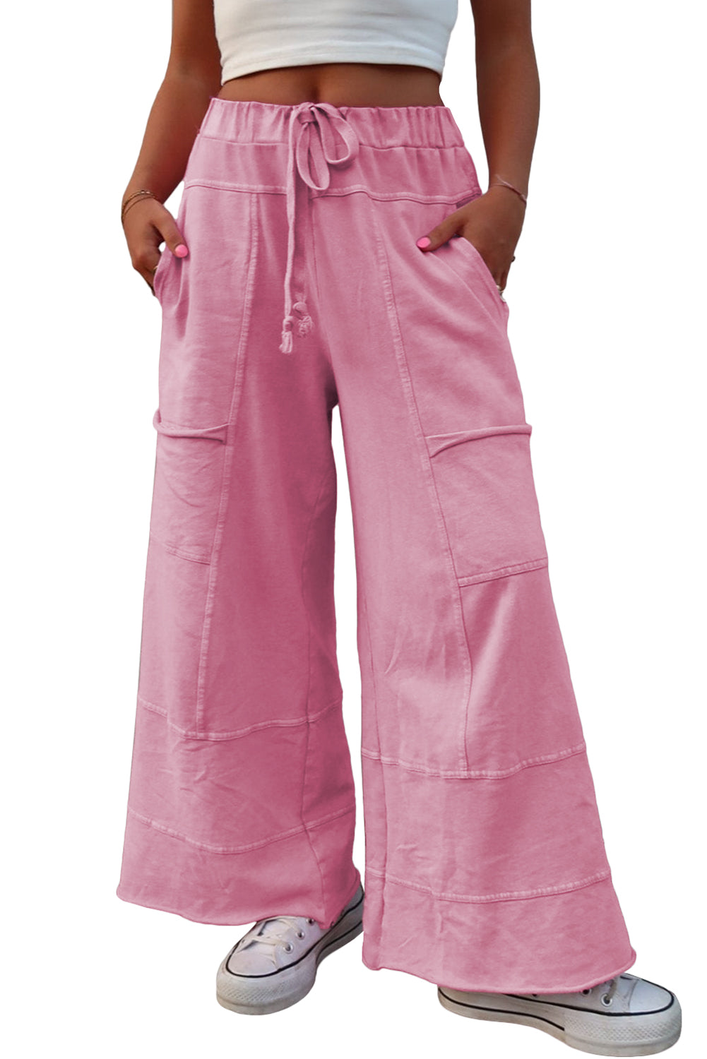 Mint Green Mineral Wash Exposed Seam Drawstring High Waist Wide Leg Cargo Pants