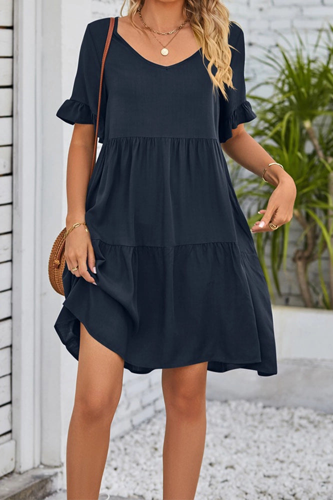 V Neck Ruffles Tiered Dress with Pockets
