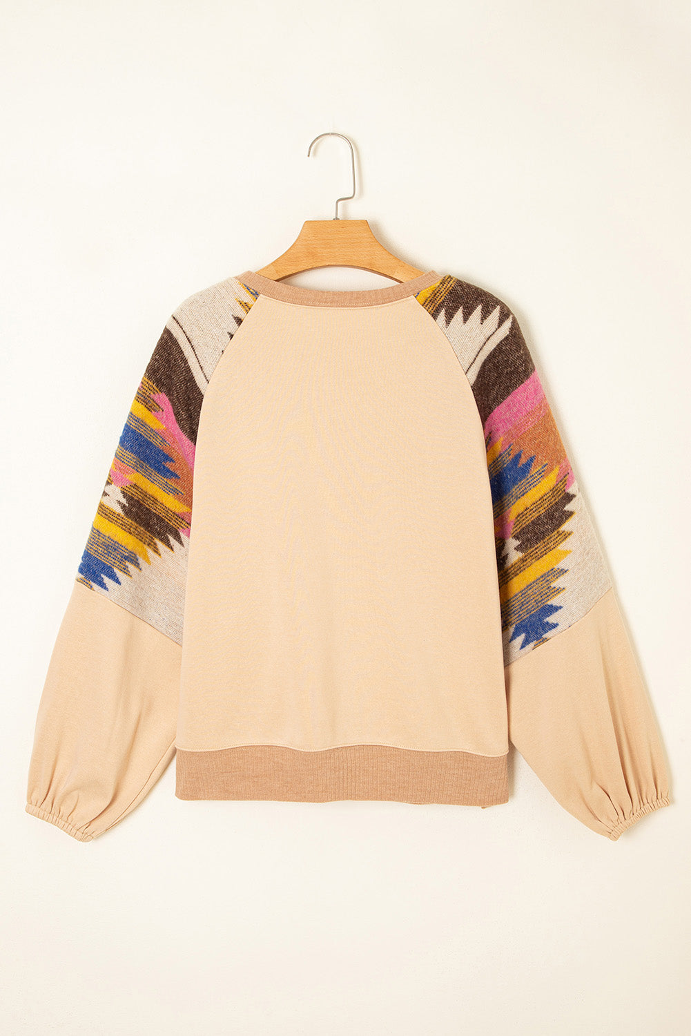Light French Beige Aztec Patchwork Raglan Pullover Sweatshirt