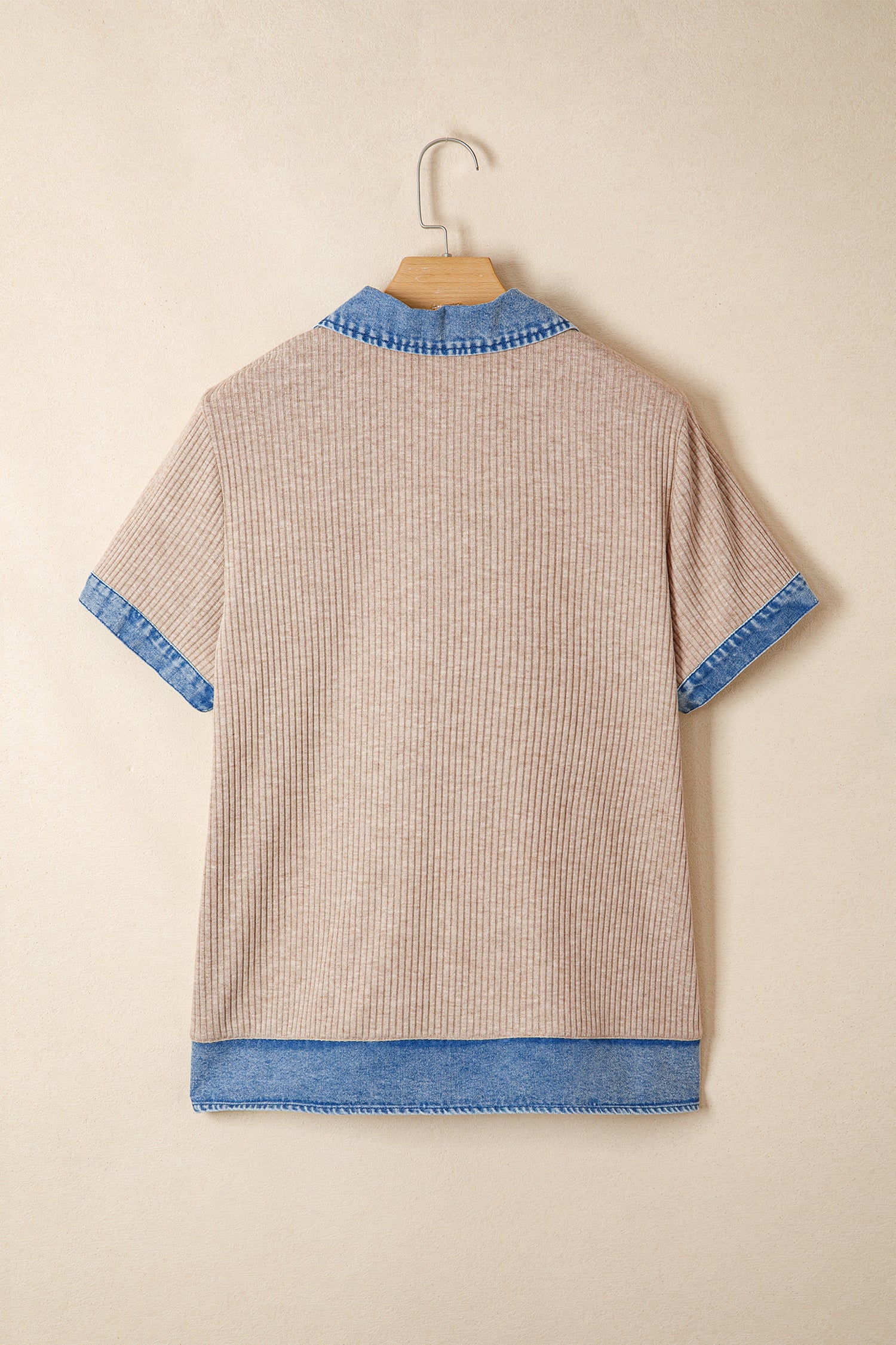 Beige Ribbed Knit Denim Color Block Patchwork Button Detail Collared Blouse