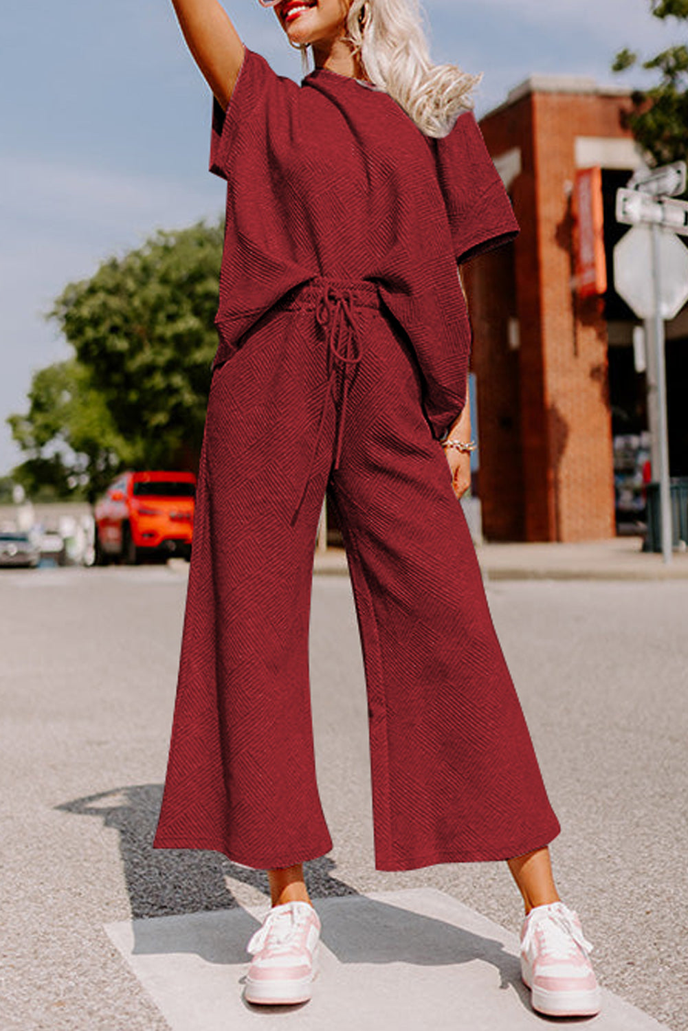 Strawberry Pink Textured Loose Fit T Shirt and Drawstring Pants Set