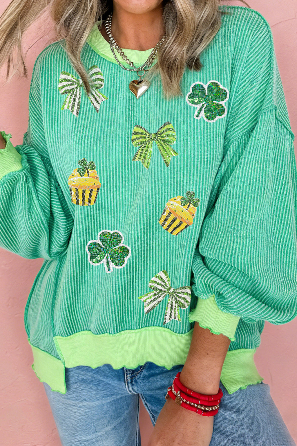 Bright Green Twisted Rib St Patricks Day Sequin Patch Graphic Long Sleeve Top